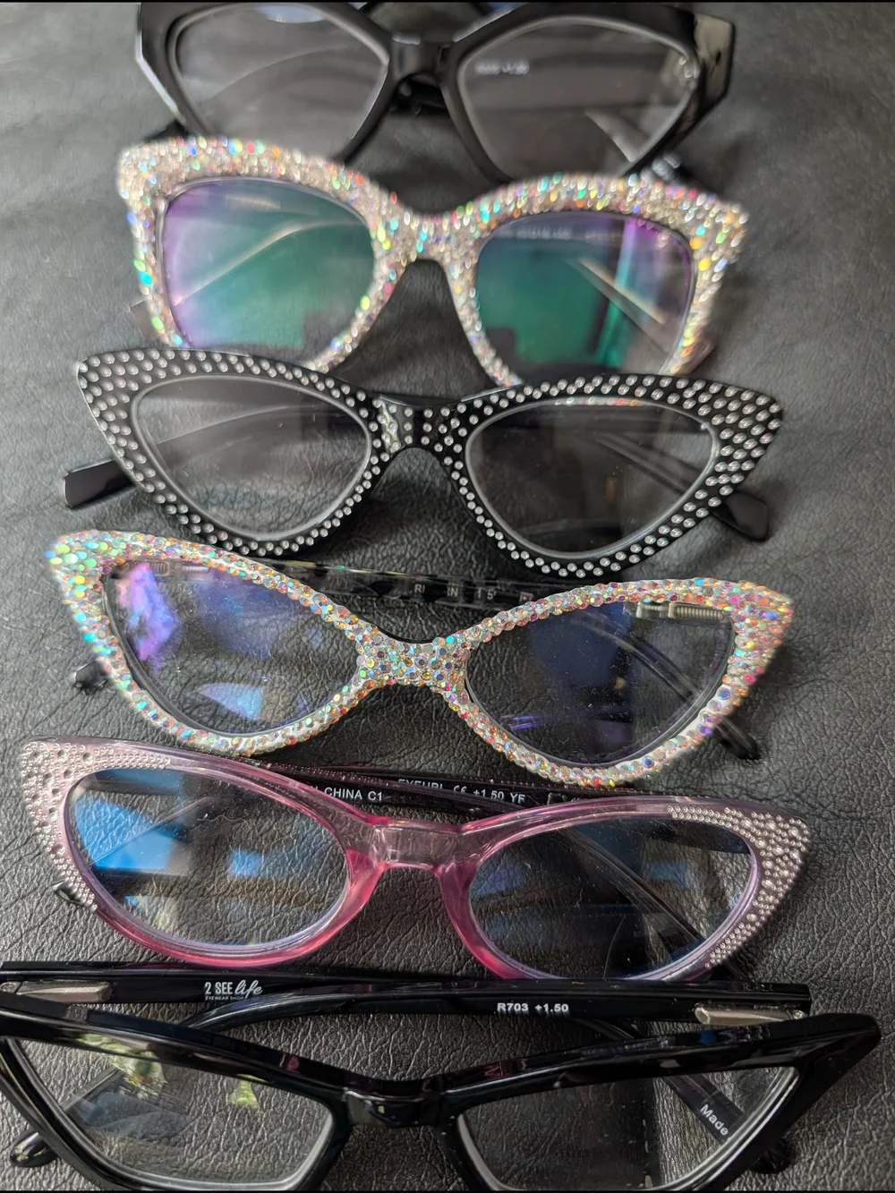 SET OF SEVEN Women’s Cat-Eye RHINESTONE and Black Fashion Reading Glasses 1.50